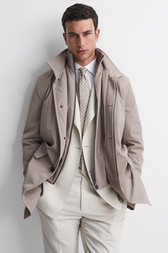 Funnel Neck Removable Insert Jacket in Taupe