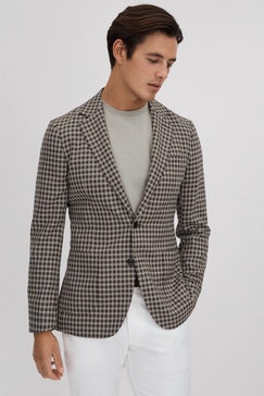 Wool Blend Check Single Breasted Blazer in Brown Multi