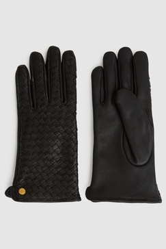 Woven Leather Gloves in Black