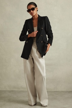 Petite Tailored Textured Wool Blend Double Breasted Blazer in Black