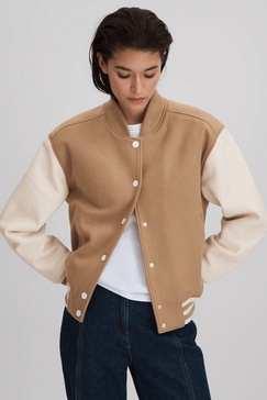 Premium Wool Blend Bomber Jacket in Camel/Cream