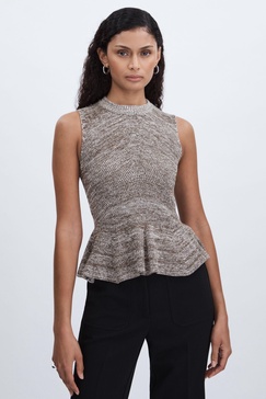 Anna Quan Cotton-Blend Knitted Peplum Top in Grey Marl