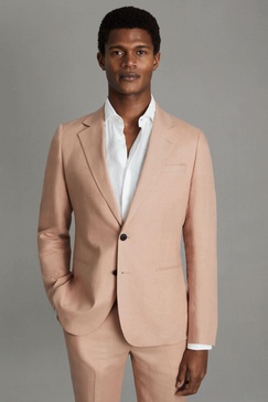 Slim Fit Single Breasted 100% Linen Blazer in Pink