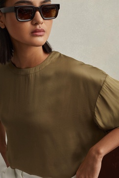 Relaxed Satin Blouse in Khaki