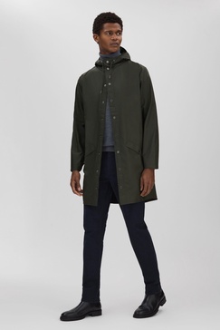 Rains Longline Hooded Raincoat in Dark Green