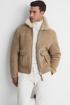 Suede Sheepskin Zip-Through Jacket in Stone