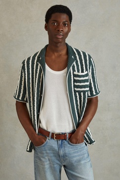 Oversized Crochet Striped Cuban Collar Shirt in Green/White