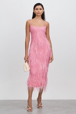 Rachel Gilbert Sequin Feather Midi Dress in Orchid