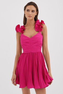 Amur Ruffle Strap Pleated Mini Dress in Pink Cabaret