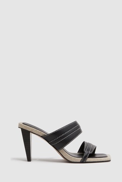 Leather Strap Heeled Mules in Black