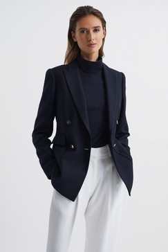 Double Breasted Twill Blazer in Navy