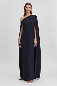 Halston Off-The-Shoulder Cape Maxi Dress in Navy