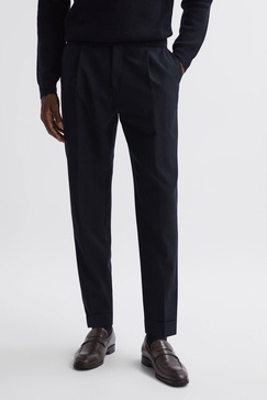 Slim Fit Brushed Wool Trousers in Navy