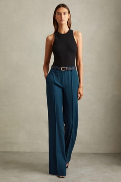 Petite Wide Leg Wool Blend Suit Trousers in Teal