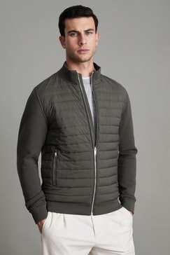 Hybrid Quilt and Knit Zip-Through Jacket in Sage