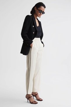 Tapered Fit Side Stripe Trousers in Cream