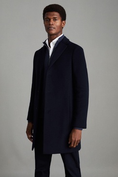 Wool Blend Single Breasted Epsom Overcoat in Navy