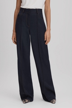 Wool Blend Denim Look Suit Trousers in Navy