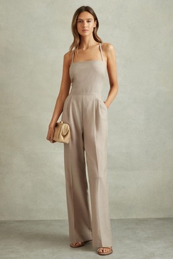 Wool Tailored Strappy Jumpsuit in Neutral