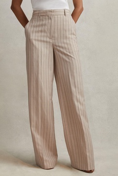 Petite Wool Blend Striped Wide Leg Trousers in Neutral