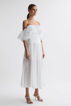 Acler Ivory Pleated Puff Sleeve Midi Dress in Ivory