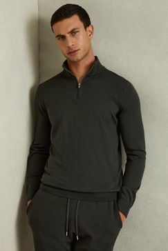 Merino Wool Half-Zip Funnel Neck Jumper in Dark Military Green