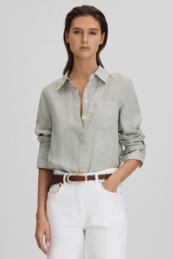 Linen Button-Through Shirt in Sage