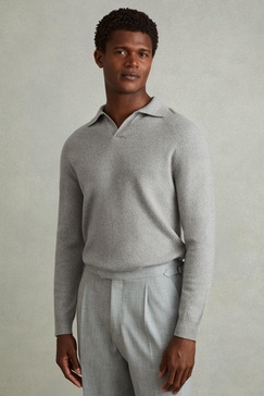 Wool-Cashmere Open-Collar Polo Shirt in Soft Grey Melange