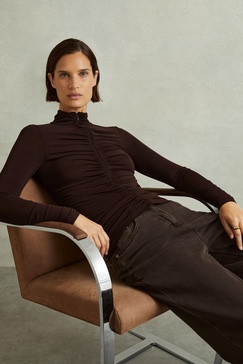 Ruched High-Neck Jersey Top in Chocolate