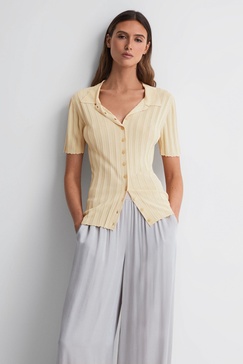 Fitted Striped Button Through T-Shirt in Lemon