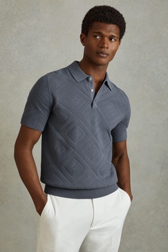 Cotton Textured Press-Stud Polo Shirt in Airforce Blue