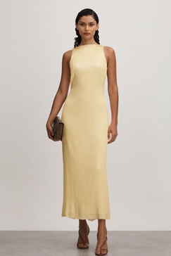 Enya Buttercup Anna Quan Plisse Raw Hem Maxi Dress