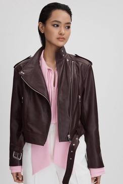 Cropped Leather Biker Jacket in Berry