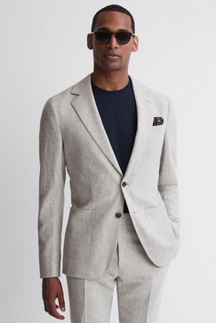 Slim Fit Single Breasted Checked Wool Blazer in Soft Grey