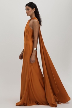 Halston Halter Cape Maxi Dress in Mustard