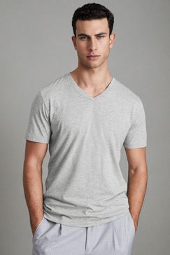 Cotton V-Neck T-Shirt in Grey Marl