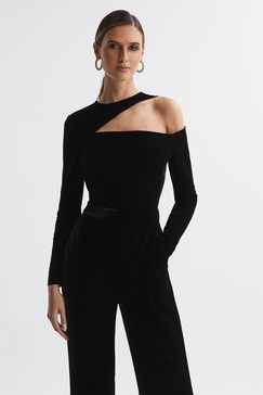 Petite Velvet Off-The-Shoulder Jumpsuit in Black