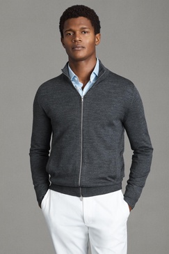 Merino Wool Funnel-Neck Cardigan in Derby Grey Marl