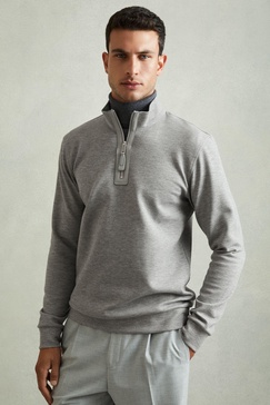 Leather-Placket Interlock-Jersey Sweatshirt in Grey Melange