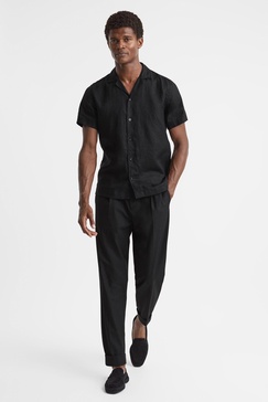 Slim Fit Linen Cuban Collar Shirt in Black