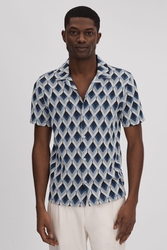 Cotton Blend Jacquard Cuban Collar Shirt in Navy Multi