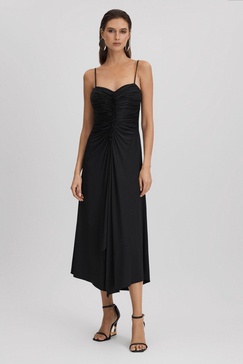 Halston Ruched Jersey Midi Dress in Black