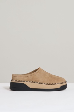 Suede Shearling-Lined Mules in Tan