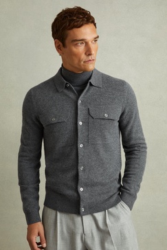 Merino Wool Button-Front Cardigan in Grey Melange