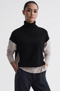 Wool Blend Roll Neck Jumper in Stone/Black