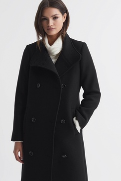 Petite Wool Blend Double Breasted Long Coat in Black