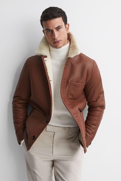 Leather Shearling Button-Through Jacket in Brown