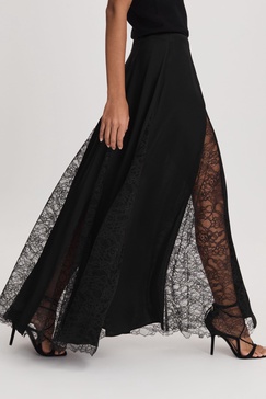 Anna Quan Satin Lace Maxi Skirt in Black