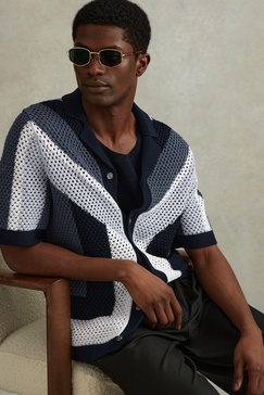 Cotton Blend Crochet Cuban Collar Shirt in Navy Multi