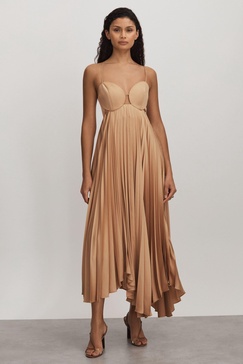 Acler Pleated Asymmetric Midi Dress in Gold